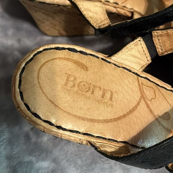 Born Morena Black Shiny Leather Cork Platform Wedge Slides Sandals - Picture 5 of 9